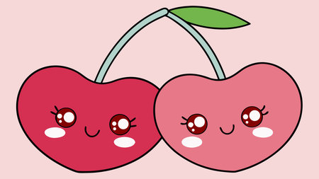 A creative digital illustration depicting Vector line fruits of cherry pair kissing sweetly,...