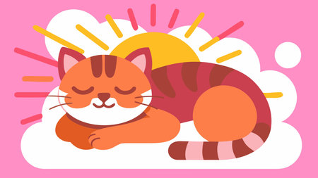 Charming vector artwork in serene style with soft golden rays, warm sunny yellows, and crisp whites creating a blissful, lazy atmosphere. Ideal for applications like pet-themed greeting cards, wallpapers, apparel prints, relaxation posters, and digital media targeting cat enthusiasts, wellness brands, and lifestyle designers. Versatile composition . AI-generated vector illustration. AI-generated illustration.のイラスト素材