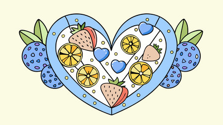 Delicate thin line vector artwork in minimalist style with symmetrical composition, subtle shadow highlights, and a romantic fresh mood through elegant outlines. Ideal for applications like Valentine's greetings, food packaging, social media graphics, wedding stationery, and lifestyle branding targeting health enthusiasts and romantic themes. . AI-generated vector illustration. AI-generated illustration.のイラスト素材