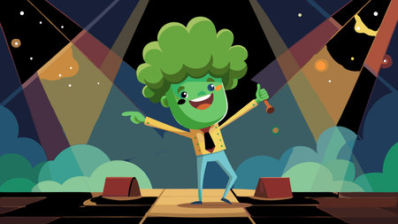 Vibrant vector artwork in an energetic, groovy style with dynamic stage lighting and playful green hues, conveying a fun healthy mood. Perfect for nutrition campaigns, kids' educational posters, healthy food packaging, restaurant promotions, and social media content targeting families and wellness enthusiasts. Scalable design offers versatility for print and . AI-generated vector illustration. AI-generated illustration.のイラスト素材