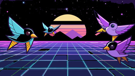 Retro pixel art in vector format captures abstract avian shapes in synchronized flight across a...