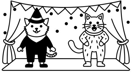 Whimsical vector artwork in holiday illustration style, evoking a celebratory and playful mood through paired animal characters under dynamic party spotlights. Ideal for greeting cards, event invitations, pet-themed merchandise, festive posters, and digital animations in retail, entertainment, and holiday sectors. The vibrant composition offers vers. AI-generated vector illustration. AI-generated illustration.のイラスト素材