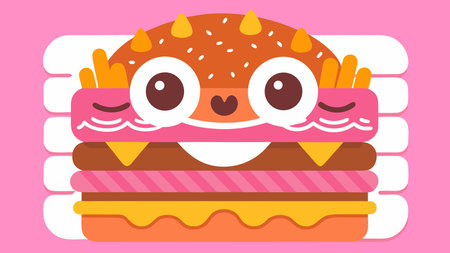 Playful cartoon vector illustration in fast-food style, featuring glossy highlights and warm appetizing lighting to evoke a hungry, fun mood. Ideal for restaurant menus, food packaging, promotional graphics, children's books, and fast-food campaigns targeting families and young audiences. The stacked pro vector composition offers scalability and v. AI-generated vector illustration. AI-generated illustration.のイラスト素材