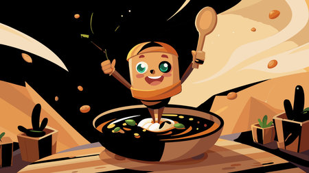 Playful vector design in Mediterranean illustrative style with creamy glow lighting and inviting creamy mood, emphasizing whimsical character elements and centered bowl composition. Ideal for food packaging, recipe apps, restaurant menus, health blogs, and Mediterranean cuisine branding targeting food lovers and wellness brands. Versatile for digital marketin. AI-generated vector illustration. AI-generated illustration.のイラスト素材