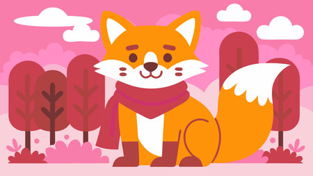 Stylized vector illustration of a mischievous animal character set in an autumnal landscape, bathed in warm golden hour light to evoke playfulness and intrigue. Ideal for children's literature, seasonal merchandise, greeting cards, and wildlife branding projects. The clean, scalable design suits printing, web graphics, and for family-oriented mark. AI-generated vector illustration. AI-generated illustration.のイラスト素材