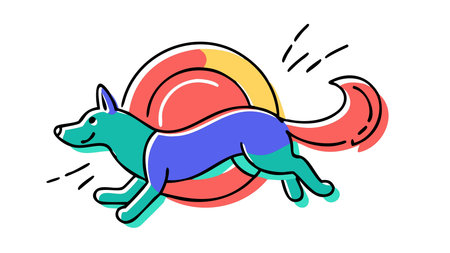 Bold cartoon vector style with dynamic spiral composition and sunny daylight highlights on fur, capturing playful, lively energy through motion lines. Ideal for children's books, pet product ads, animations, educational graphics, and whimsical materials. Versatile design appeals to family-oriented brands and creative agencies. . AI-generated digital illustration. AI-generated vector illustration. AI-generated illustration.のイラスト素材