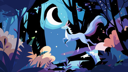 Whimsical vector illustration in mythical style with vibrant sparkle effects and soft moonlit glow, evoking a wondrous fantastical mood. Ideal for fantasy-themed designs including children's books, posters, apparel, and digital media targeting creative industries and imaginative audiences. The artistic composition ensures high versatility for print. AI-generated vector illustration. AI-generated illustration.のイラスト素材