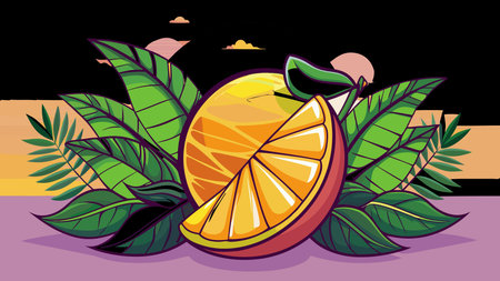Fine-line vector artwork in an exotic drawing style, featuring subtle sunset edge lighting and a lush, inviting tropical mood. Ideal for use in food packaging, beverage labels, resort graphics, and wellness branding, appealing to designers in hospitality and lifestyle industries. The precise, leaf-framed composition provides versatile scalability f. AI-generated vector illustration. AI-generated illustration.のイラスト素材