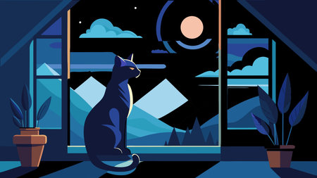 Sophisticated line drawing in wide landscape format, conveying serene contemplative mood through minimalist vector lines and subtle moonlight glow. Perfect for pet-themed branding, editorial graphics, home decor prints, and lifestyle posters appealing to cat enthusiasts and designers. Versatile artistic style suits digital web elements, merchandise, and publi. AI-generated vector illustration. AI-generated illustration.のイラスト素材