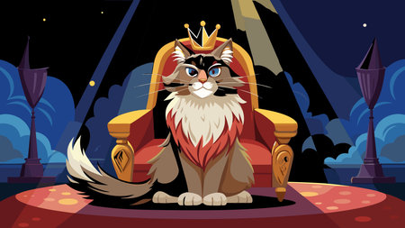 Elegant vector illustration capturing a noble and majestic mood through dramatic royal spotlight lighting and intricate luxurious longhair textures in a centered regal composition. Perfect for premium applications including luxury pet branding, royalty-themed merchandise, graphics, fantasy designs, and high-end digital prints. Appeals t. AI-generated vector illustration. AI-generated illustration.のイラスト素材
