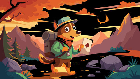 Energetic cartoon vector artwork embodying a bold exploratory mood with vibrant sunset orange lighting and dynamic trail composition. Perfect for adventure branding, outdoor lifestyle , children's books, travel graphics, and promotional merchandise targeting active families and explorers. The whimsical style ensures scalability and appeal across digi. AI-generated vector illustration. AI-generated illustration.のイラスト素材