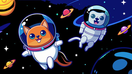 Vibrant sci-fi cartoon vector style with adventurous futuristic mood, cosmic glow lighting, and dynamic zero-gravity composition evoking exploration and wonder. Ideal for applications in children's books, educational posters, sci-fi merchandise, gaming graphics, and promotional materials targeting young audiences and creative industries. Premium di. AI-generated vector illustration. AI-generated illustration.のイラスト素材