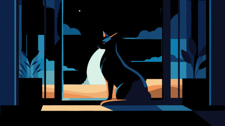 Minimalist line art showcases a graceful cat character in profile silhouette, with subtle moonlit highlights and fur textures creating a mysterious, sophisticated mood. Versatile for luxury branding, apparel prints, book covers, posters, editorial graphics, and digital wallpapers, appealing to pet lovers, designers, and modern decor enthusiasts. Clean vector . AI-generated vector illustration. AI-generated illustration.のイラスト素材