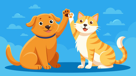 Harmonious flat vector artwork showcasing joyful animal companionship with warm sunny lighting and centered composition. Ideal for pet product packaging, children's educational materials, greeting cards, social media content, and visuals aimed at animal enthusiasts and families. The clean, vibrant design offers scalability and versatility for divers. AI-generated vector illustration. AI-generated illustration.のイラスト素材