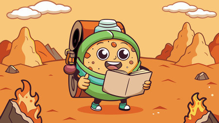 Dynamic graphic novel vector style with bold lines, rugged textures, and warm campfire lighting creates an exploratory, bold mood perfect for engaging visuals. Ideal for food branding, children's adventure books, promotional graphics, restaurant menus, and merchandise designs targeting families and food enthusiasts. Versatile for digital and print application. AI-generated vector illustration. AI-generated illustration.のイラスト素材