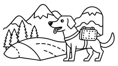 Dynamic vector illustration evoking bold exploratory mood with vibrant dawn lighting and expansive horizontal composition for an immersive adventure feel. Perfect for outdoor gear branding, travel agency promotions, hiking apparel designs, and motivational posters targeting nature enthusiasts and pet adventure lovers. Versatile graphic style suits digital ban. AI-generated vector illustration. AI-generated illustration.のイラスト素材