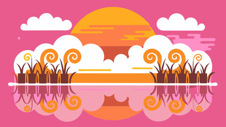 Baroque-inspired digital artwork showcasing swirling ornate clouds in golden hues blended with vibrant purple and orange twilight tones, evoking serene tranquility and romantic allure. Soft lighting and calm reflective surfaces create a peaceful, atmospheric mood ideal for applications in travel posters, wellness branding, book covers, ambient wall. AI-generated vector illustration. AI-generated illustration.のイラスト素材