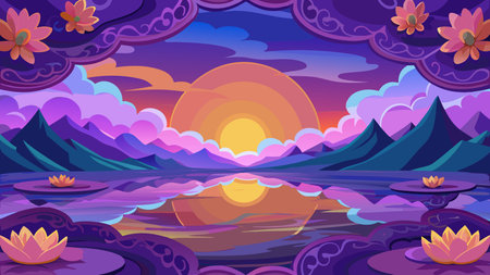 A creative digital illustration depicting Serene mountain lake capturing dramatic baroque sunset with elaborate swirling clouds in violet and gold, flawless mirror image, foreground lily pads, ambient twilight lighting, photorealistic, ethere. This AI-generated artwork features unique visual elements suitable for various commercial and editorial applications. AI-generated illustration.のイラスト素材