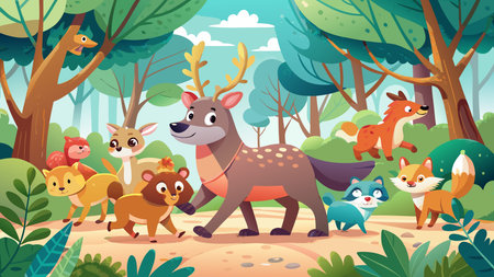 Whimsical watercolor-style vector art featuring soft color blends, intricate layered depth, and dappled sunlight effects to evoke a playful narrative mood. Ideal for children's books, educational posters, greeting cards, nursery decor, and whimsical stationery. Versatile design appeals to publishers, graphic designers, and parents seeking engaging, storybook . AI-generated vector illustration. AI-generated illustration.のイラスト素材