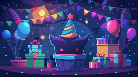 Anime-inspired digital artwork featuring playful silhouettes, soft neon glows, and twinkling multicolored lights on a midnight blue canvas, capturing a cheerful and festive mood through whimsical composition. Ideal for greeting cards, social media graphics, party invitations, and promotional materials in event planning, family celebrations, and digital market. AI-generated vector illustration. AI-generated illustration.のイラスト素材