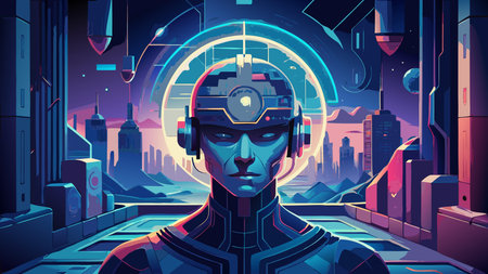 A creative digital illustration depicting AI futuristic neural interface hologram data streams, glowing circuits, sci-fi volumetric light, cutting-edge visionary mood, immersive comp.. This AI-generated artwork features unique visual elements suitable for various commercial and editorial applications. AI-generated illustration.のイラスト素材
