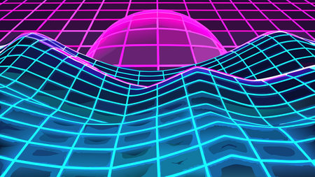 A creative digital illustration depicting Futuristic blurry cyan waves with magenta neon grids...