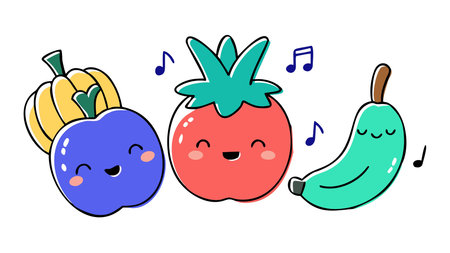 Playful 3D digital artwork with glossy fruit characters in joyful singing poses, surrounded by floating musical notes and enhanced by studio spot lighting for reflective shines. Suited for children's books, festive packaging, educational graphics, and fun materials aimed at families and food brands. This vibrant, detailed creation captures whimsical. AI-generated vector illustration. AI-generated illustration.のイラスト素材