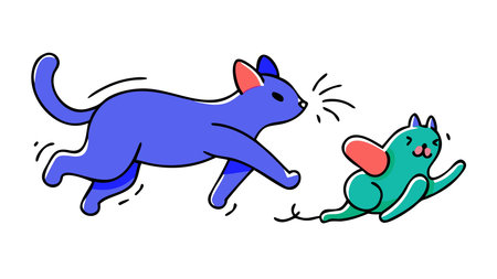 Energetic cartoon style bursts with vibrant colors and dynamic motion trails, evoking a thrilling chase under bright outdoor sunlight. The playful composition highlights speed and excitement through whimsical character movements and bold graphical elements. Ideal for children's animations, video games, educational apps, and family-oriented campaigns. AI-generated vector illustration. AI-generated illustration.のイラスト素材