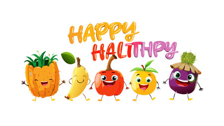 Vibrant 3D digital artwork with playful anthropomorphic fruits and vegetables featuring expressive faces and dynamic poses in a contagiously happy mood. Fun character design and even lighting create a clean, versatile graphic perfect for children's books, educational materials, food packaging, , and whimsical branding projects. Ideal for engaging y. AI-generated vector illustration. AI-generated illustration.のイラスト素材