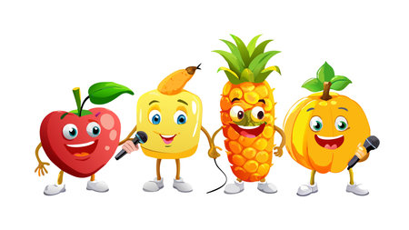 Vibrant 3D isometric digital artwork with glossy textures, even studio lighting, and a playful musical mood on a clean white background. Ideal for children's books, educational posters, food branding, fun packaging, and social media campaigns promoting healthy eating through humor. The whimsical isometric perspective offers versatile appeal for graphic design. AI-generated vector illustration. AI-generated illustration.のイラスト素材