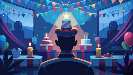 Vibrant cartoon artwork embodying a lively festive mood with dynamic silhouettes, bold typography, and sparkling rainbow illuminations against a deep navy backdrop. Perfect for applications like birthday invitations, greeting cards, social media graphics, party banners, and promotional merchandise aimed at event planners, designers, and celebration. AI-generated vector illustration. AI-generated illustration.のイラスト素材