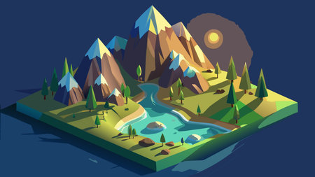 Captivating 3D isometric low-poly vector artwork featuring minimalist style, crisp overhead lighting, and an adventurous exploratory mood with high-detail precision. Ideal for applications in travel graphics, adventure gaming assets, outdoor branding, mobile apps, and promotional designs targeting explorers, hikers, and nature lovers. Versatile geo. AI-generated vector illustration. AI-generated illustration.のイラスト素材