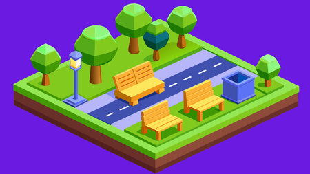 Stylized 3D isometric low poly design evoking a serene urban oasis with subtle soft lighting for a tranquil mood. Minimalist polygonal aesthetics offer fresh visual appeal in contemporary graphics. Perfect for urban planning visuals, app interfaces, website elements, posters, and eco-friendly branding targeting designers and city developers. . AI-generated vector illustration. AI-generated illustration.のイラスト素材