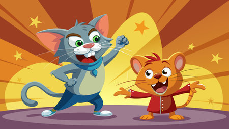 Dynamic cartoon illustration in vibrant colors with exaggerated animal attitudes and lively poses, conveying a sense of fun rivalry. Perfect for children's animations, educational materials, greeting cards, and playful advertisements targeting young audiences. The bright fill lights create an energetic and joyous atmosphere ideal for graphics. . AI-generated vector illustration. AI-generated illustration.のイラスト素材