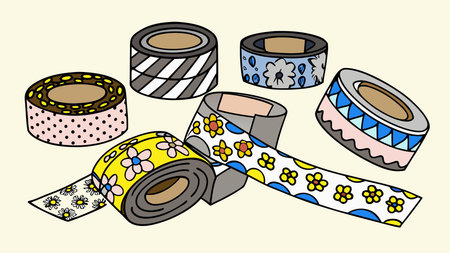 Playful digital artwork capturing a crafty, joyful aesthetic through macro close-up composition and bright studio lighting, evoking creativity and whimsy. Perfect for applications in DIY crafting guides, scrapbooking product ads, stationery branding, and hobbyist materials targeting creative enthusiasts. Its versatile, colorful design add. AI-generated vector illustration. AI-generated illustration.のイラスト素材