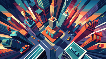 Exhilarating abstract digital artwork with distorted geometric perspectives and intense overhead...