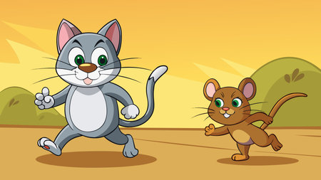 Vibrant cartoon artwork depicting a lively chase with expressive animal characters, detailed fur textures, and dynamic poses under golden hour glow. Playful mood enhanced by colorful picnic setting evokes fun and adventure. Ideal for children's books, animations, merchandise, greeting cards, apparel, and graphics targeting kids and family entertainm. AI-generated vector illustration. AI-generated illustration.のイラスト素材