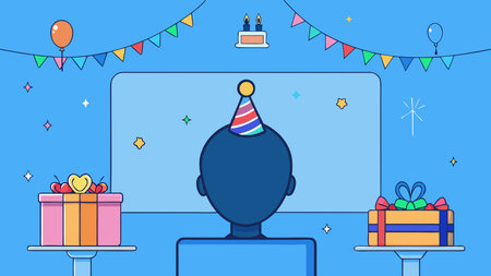 Engaging digital illustrations collection: cartoon birthday silhouettes with cake and gifts, childlike minimal line drawings of animals birds reptiles, serene lake reflecting sunset, adorable kitten in hat, bird's-eye skyscraper canyon, cat and mouse characters, 3D singing fruits vegetables, washi tape strips, abstract futuristic neon waves. Perfect for wallp. AI-generated vector illustration. AI-generated illustration.のイラスト素材