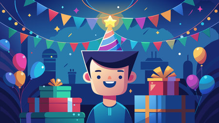 Vibrant cartoon silhouette artwork featuring high-contrast bold outlines and a playful festive mood with even lighting. Ideal for applications like birthday greeting cards, party invitations, social media graphics, promotional banners, and event merchandise targeting families, event planners, and gifting industries. Engaging composition with dynami. AI-generated vector illustration. AI-generated illustration.のイラスト素材