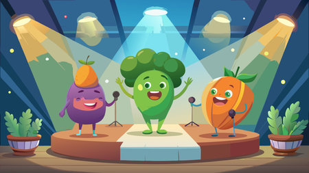 Dynamic 3D glossy renders capture a high-energy concert vibe with vibrant spotlights illuminating harmonious performers against a clean white backdrop. Perfect for children's books, healthy food packaging, restaurant promotions, and whimsical ad campaigns targeting families and educators. The playful, lively mood enhances engagement in digital media, animatio. AI-generated vector illustration. AI-generated illustration.のイラスト素材