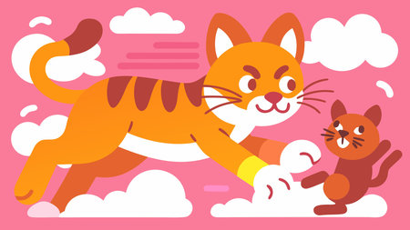 Vibrant cartoon vector artwork featuring energetic action, dynamic leaps, and playful rivalry with bold colors and lively lighting. Ideal for children's books, animations, video games, educational content, merchandise, and promotional graphics. Its whimsical style and engaging mood appeal to family audiences across digital and print media. . AI-generated vector illustration. AI-generated illustration.のイラスト素材