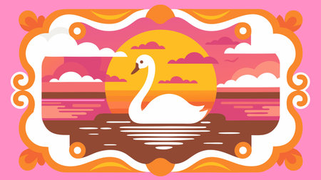 A creative digital illustration depicting Baroque sunset over glassy lake: Opulent swirling clouds in magenta, gold, indigo reflected symmetrically, lone swan gliding center. Ethereal backlighting, photorealistic with painterly touches, conte. This AI-generated artwork features unique visual elements suitable for various commercial and editorial applications. AI-generated illustration.のイラスト素材