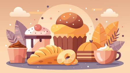 A creative digital illustration depicting Flat vector cozy bakery break, few croissants, muffins,...