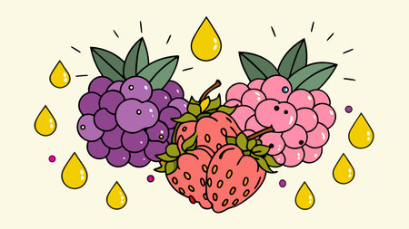 Vibrant flat vector design in clean, minimalistic style with dew accents on borders and pristine central negative space, evoking a tantalizing fresh mood through morning dew lighting and juicy deep purple-red tones. Ideal for applications like food packaging, beverage labels, graphics, recipe illustrations, and health brand promotions t. AI-generated vector illustration. AI-generated illustration.のイラスト素材