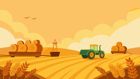 Flat vector artwork in warm golden-green tones with rustic sunlight, conveying a bountiful optimistic mood for harvest themes. Ideal for agriculture advertisements, seasonal farm promotions, product packaging, and rural branding materials. Expansive central space perfect for text overlays in posters, banners, and digital graphics targeting agribusiness audien. AI-generated vector illustration. AI-generated illustration.のイラスト素材