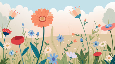A creative digital illustration depicting Flat vector wildflower meadow: poppies cornflowers daisies in loose border scatter, pastel meadow palette, romantic empty core, gentle breeze lighting, whimsical free-spirited mood.. This AI-generated artwork features unique visual elements suitable for various commercial and editorial applications. AI-generated illustration.のイラスト素材