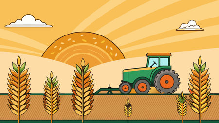Flat vector design in warm harvest gold-green earth tones evokes a wholesome agricultural vibe with sunset-inspired lighting and bountiful mood. Ideal for farm advertisements, rural posters, agricultural branding, and promotional materials targeting farmers and agribusiness. Spacious central area provides ample copy space for customizable text and g. AI-generated vector illustration. AI-generated illustration.のイラスト素材