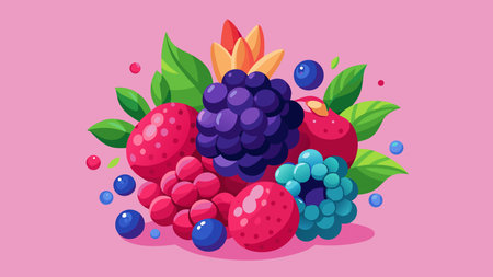 Ultra-minimalist flat design in rich purple-blue-red hues, showcasing peripheral dew-kissed berry clusters surrounding vast central negative space for an appetizing, clean composition. Ideal for promotions, food packaging designs, website banners, social media ads, and materials targeting culinary brands and health food enthusiasts. Versa. AI-generated vector illustration. AI-generated illustration.のイラスト素材