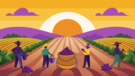 Stylish vector artwork in a hopeful, organic farm theme with dawn silhouettes and misty color gradients in purples and oranges. Golden lighting enhances the serene agricultural mood, featuring versatile blank space at center. Suitable for use in coffee industry promotions, beverage labels, farm advertisements, and digital materials target. AI-generated vector illustration. AI-generated illustration.のイラスト素材