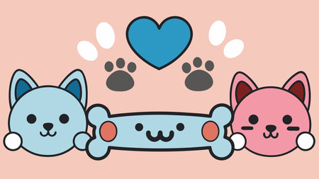 Delicate minimalist style in soft pastel tones captures a heartwarming, playful mood with gentle warm indoor lighting for an affectionate vibe. Perfect for uses like pet greeting cards, social media graphics, apparel prints, stickers, and branding materials targeting animal lovers, families, and pet businesses. Central open space allows easy text o. AI-generated vector illustration. AI-generated illustration.のイラスト素材